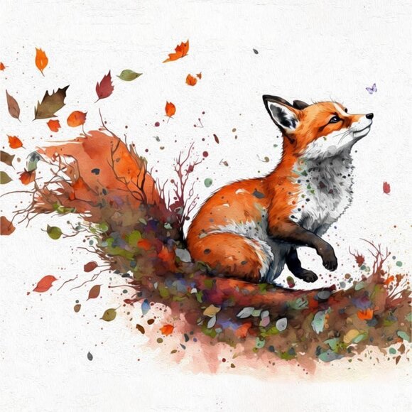 Fox with Butterfly Watercolor Oil Painting Art‎ 20x30 Wall Print - Picture 5 of 9